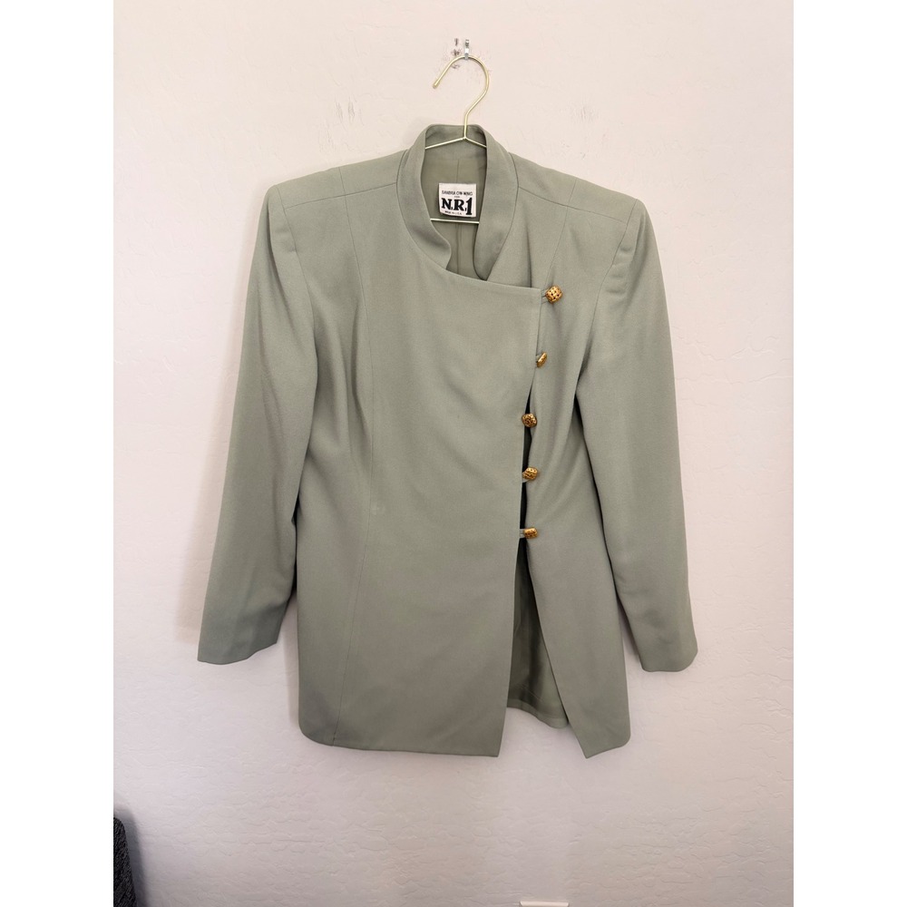 Sandra Ow-Wing N.R.1 Vintage Sage Green Asymmetrical Gold Button Blazer USA Sz M